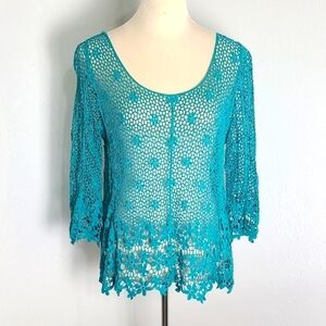 LeDor Teal Embroidered Lace Top with Flowers, Size Medium